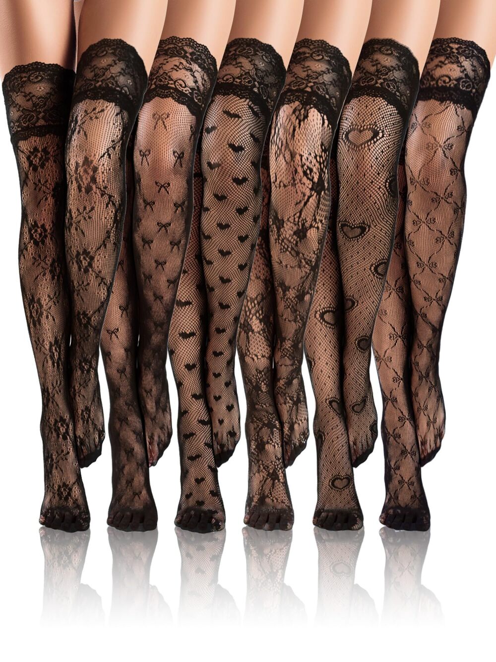 9611 6 Pairs Fishnet Thigh High Stocking Silicone Lace Top Skull Spider Web